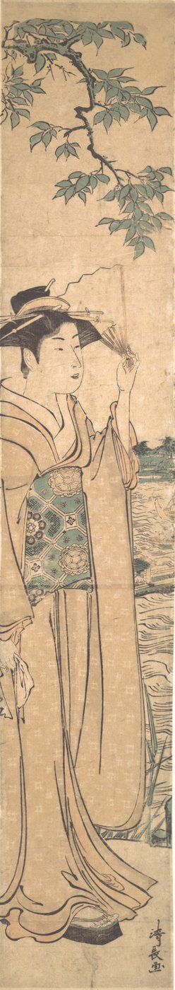 Kvinne med vifte på bredden av Sumida-elven. av Torii Kiyonaga