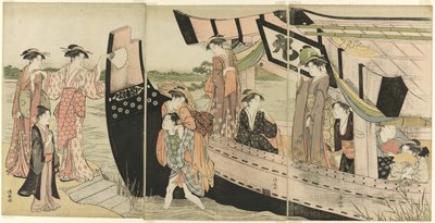 Kvinner kommer i land fra en fritidsbåt på Sumida-elven av Torii Kiyonaga