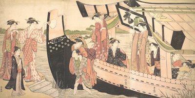 Kvinner som lander fra en fritidsbåt trukket opp til kysten ved Mukojima ved Sumida-elven, ..., ca. 1785. av Torii Kiyonaga
