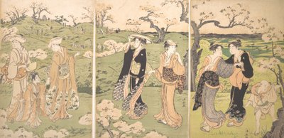 Unge damer ser på kirsebærblomster i Asukayama. av Torii Kiyonaga