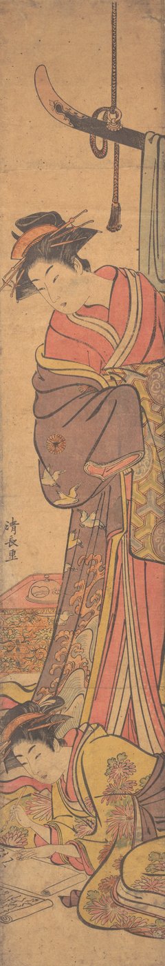 Ung kvinne som ser over skulderen til en annen som skriver et brev. av Torii Kiyonaga