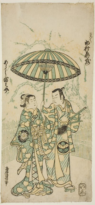 Skuespillerne Ichimura Kamezo I som Kanto Koroku og Arashi Tominosuke I som Hayasaki i stykket "Hokazo Yunzei Hachinoki," fremførte på Ichimura Theatre i den ellevte måneden, 1748 av Torii Kiyonobu II