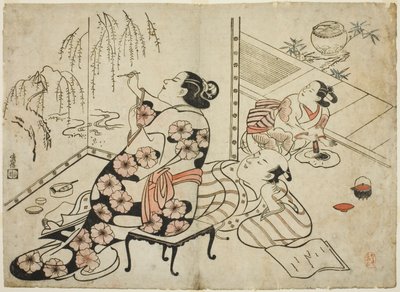 Courtesan Painting a Screen, fra en serie med 12 erotiske trykk av Torii Kiyonobu I