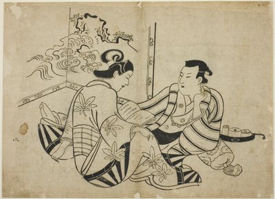 Lese et brev foran en skjerm, fra en serie uten navn på 12 utskrifter av Torii Kiyonobu I
