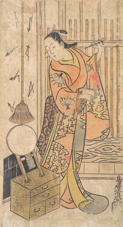 Skuespiller som kvinne som står ved et speilstativ, ca. 1735. av Torii Kiyotada