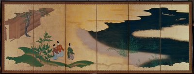 Seksdelt skjerm som viser historier om Ise av Tosa Mitsuoki
