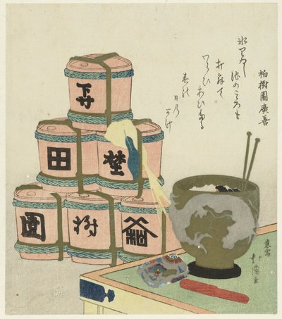 Brazier og Piled Up Sake Barrels av Totoya Hokkei