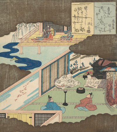 Interiør av et palass med adelsmenn som samtaler, ca. 1820. av Totoya Hokkei