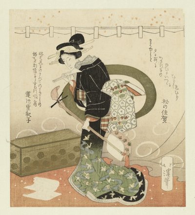 Kvinne med shamisen Pentaptyk om å beundre blomster (serietittel) Hanami gobantsuzuki (serietittel på objekt) av Totoya Hokkei