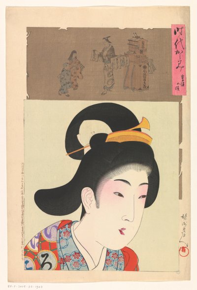 Portrett av en kvinne og en trykkerihandler av Toyohara Chikanobu