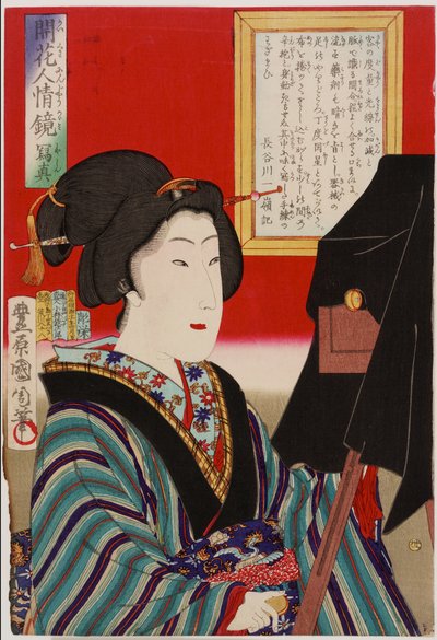 Mirror of Human Nature: the Photograph, Meiji-æra, 1878 (treblokktrykk i farger) av Toyohara Kunichika