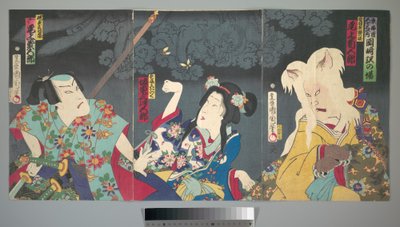 Onoe Kikugorō V som Otowake Neko no ke (til høyre), Bandō Mitsugorō IV som Aishō Michinoku (i midten), Onoe Kikugorō V som Isogai Mibunosuke (til venstre) i kabuki-stykket Tōkai Kidan Nekomata Yashiki av Toyohara Kunichika