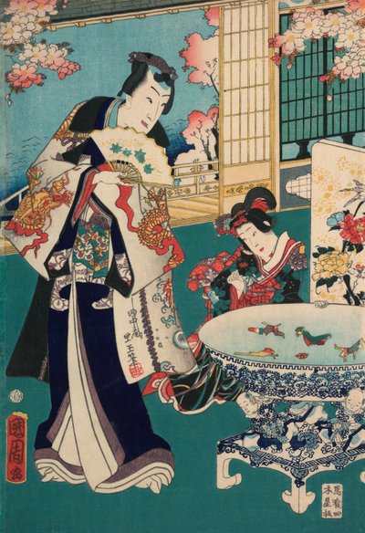 Vårutflukt i en villa Diptych: Mann i interiør av Toyohara Kunichika