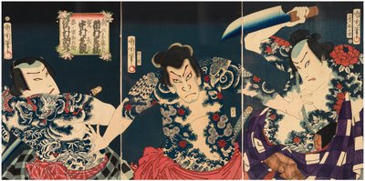 Kabuki-skuespillerne (fra høyre mot venstre) Ichimura Kakitsu IV som Asahina Tobei, Nakamura Shikan IV som Washi no Chokichi og Sawamura Tosshi II som Yume no Ichirobei, IV/1868 av Toyohara Kunichika