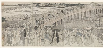 Utsikt: Nyter kveldsbrisen ved Ryogoku-broen av Toyokuni (II) , Utagawa