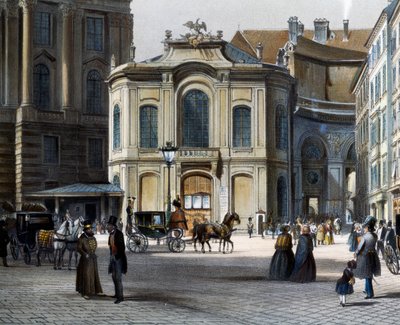 Burgtheater i Wien Michaelerplatz med Winterreitschule (vinterrideskole) til høyre, av Tranquillo Mollo (1767-1837), farget gravering, Østerrike av Tranquillo Mollo