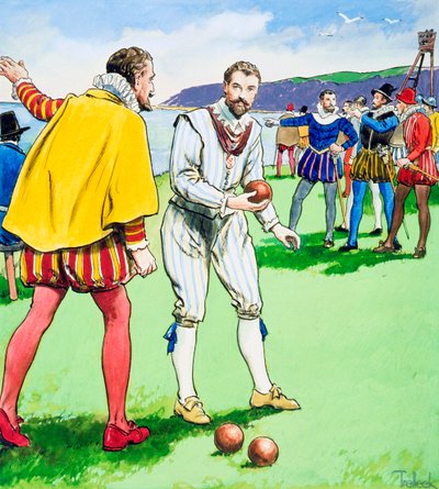 Sir Francis Drake spiller bowls på Plymouth Hoe, 1588 c1900 av Trelleek