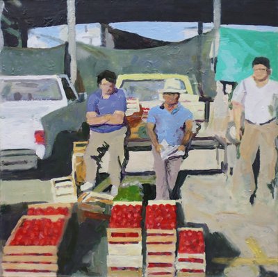Tre menn som selger tomater (San Juan, Argentina), 2014 (olje på plate) av Trevor Burgess