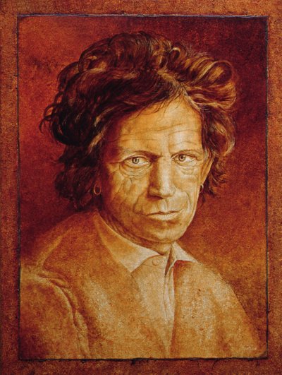 Keith Richards (f.1943) (oljeglasur på sprukket gesso på lerret lagt om bord) av Trevor Neal