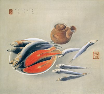 Stilleben. Lakseskiver og sardiner, 1924 av Tsuchida Bakusen