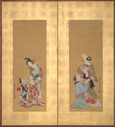Shirabyoshi-danser og kvinnelig tjener, kurtisan og jentebetjent, midten av 1700-tallet. av Tsukioka Masanobu