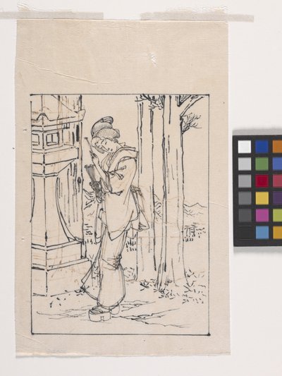 Tegning av en ung kvinne som står ved en steinlykt (blekk på papir) av Tsukioka Yoshitoshi