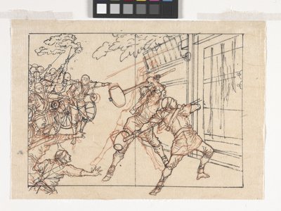 Tegning av soldater som slår en port (blekk på papir) av Tsukioka Yoshitoshi