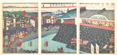 Hideyoshi og hans tropper forlater Nagoya-leiren (Mashiba Hideyoshi kō nagoya jin saki te no shoshō kuridashi no zu) av Tsukioka Yoshitoshi