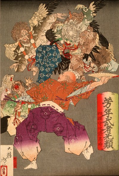Hōjō Takatoki, herre av Sagami, som avverger tengu med viften sin av Tsukioka Yoshitoshi
