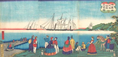 Illustrasjon av en stor fransk havn som handler med mange nasjoner Furansukoku oomi..., 4. måned, 1866. av Tsukioka Yoshitoshi