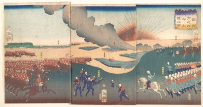 Manøvrer med tre kategorier franske og engelske soldater (Furansu Igirisu sanhei ōchōren no zu) av Tsukioka Yoshitoshi