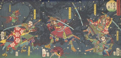 Plum Blossoms in the Forest of Ikuta, fra serien Bravery-Beauty of the four seasons ..., 1867. av Tsukioka Yoshitoshi