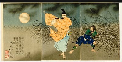 Triptych av "Fujiwara No Yasumasa Playing the Flute by Moonlight", 1883 av Tsukioka Yoshitoshi