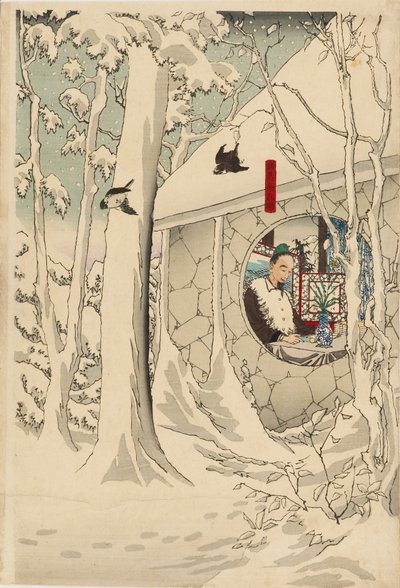 Triptyk med treblokktrykk - Gentoku besøker komei i sin retrett, i en snøstorm, sent på 1800-tallet av Tsukioka Yoshitoshi