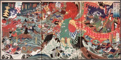 Yoshitsune hopper over åtte båter i Dannoura-bukten under slaget ved Yashima av Tsukioka Yoshitoshi