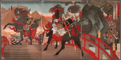 Zhang Fei jager en million Wei-tropper bort på den lange skrånende broen med et mektig blikk av Tsukioka Yoshitoshi
