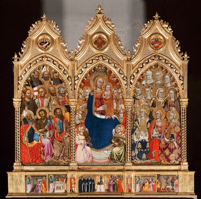 Predella med livet til Saint Bartholomew, fra jomfru og barn omgitt av engler og helgener (olje på panel av Turino Vanni