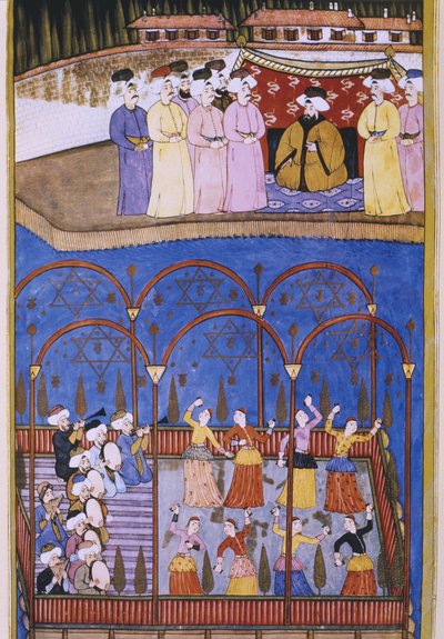 Dansere og musikere foran sultanen og hoffet hans, fra Sur-Nama av Turkish School