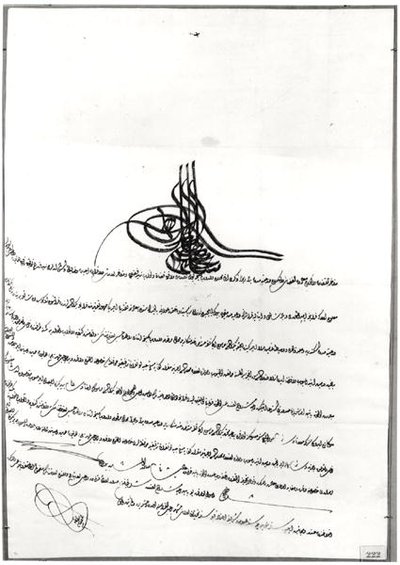 Dokument som gir sikker passasje gitt til Rene de Chateaubriand (1768–1848) av Sultan Selim III (1761–1808) 14.–23. september 1806 (penn og blekk på papir) av Turkish School