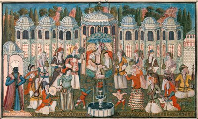 Fest for Valide Sultana med tilstedeværelse av Madame Girardin, den franske ambassadøren (wc og gouache på papir) av Turkish School