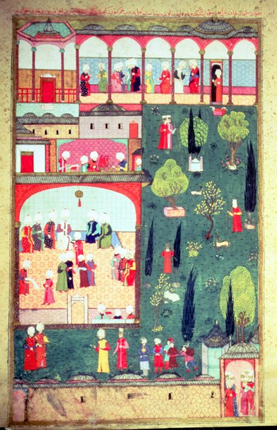 H 1524 f.242r Ministerråd ved Topkapi-palasset, fra 'Hunername' av Lokman, 1588 av Turkish School
