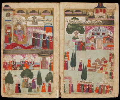 Le couronnement du sultan ottoman Mehmet III (1566-1603) au palais Topkapi, no 1595 - Mehmed IIIs kroning i Topkapi-palasset i 1595 (Fra manuskript Mehmed IIIs kampanje i Ungarn) - tyrkisk mester - ca. 1600 - Akvarell og blekk på papir - The av Turkish School