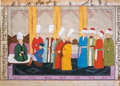 Ottomansk miniatyr som viser en europeisk ambassadør ved Topkapi-palassretten, manuskript, Tyrkia av Turkish School