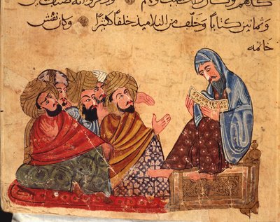 Sokrates debatterer om filosofi med sine tilhengere, Tyrkia, arabisk manuskript av Turkish School