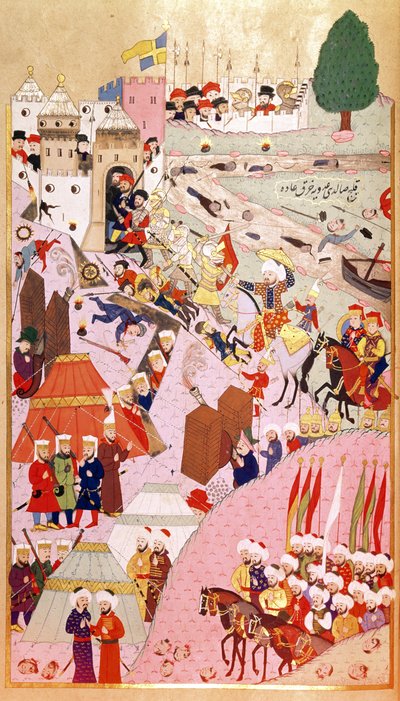 Angrepet på Beograd av sultan Mehmet II 'Erobreren' (1432-1481), fra 'Hunernama' (Mss Hazine. 1524) av Turkish School