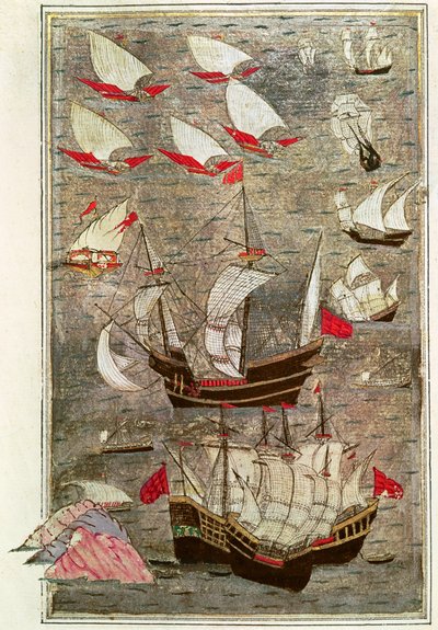 Den osmanske flåten til Tarik-y Bayezid (blekk og bladgull på vellum) av Turkish School