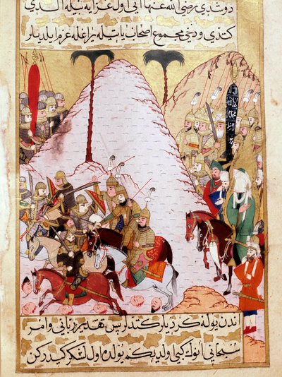Profeten Muhammed (Muhammed eller Muhammed) (570-632) (ansiktsdekket) under beleiringen av Mekka tyrkisk miniatyr fra 1700-tallets Topkapi-palass Istanbul Tyrkia av Turkish School