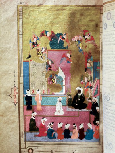 Profeten Muhammed (Mohammed eller Muhammad) (570-632) (ansiktet dekket) under Mirac, hans oppstigning til den syvende himmelen Miniatyr fra manuskriptet "Zubdat al-Tawarikh" (eller Zubdat al Tawarikh) av historikeren Seyyid Loqman Ashuri under rem av Murad av Turkish School