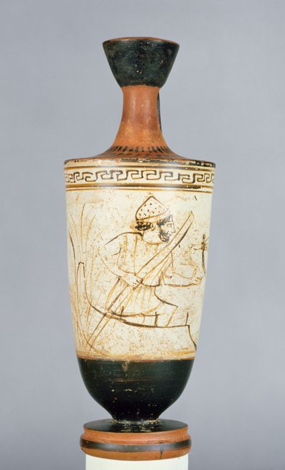 Attic white-ground lekythos dekorert med Charon, fergemannen til underverdenen som mottar sjelen til en død person, fra Athen, ca. 475-425 f.Kr. (keramikk) av Tymbos Painter