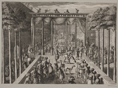 Bankett i den orientalske gårdsplassen. Forrest bueskytter og menn i brytekamp av Ubekendt